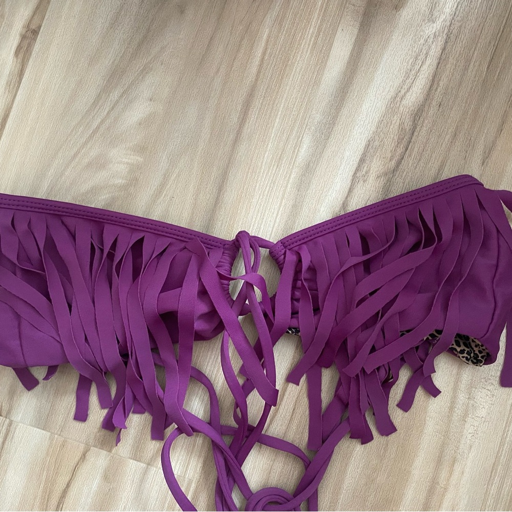 Acacia Swimwear Mangosteen Purple Fringe Bandeau Bikini Top